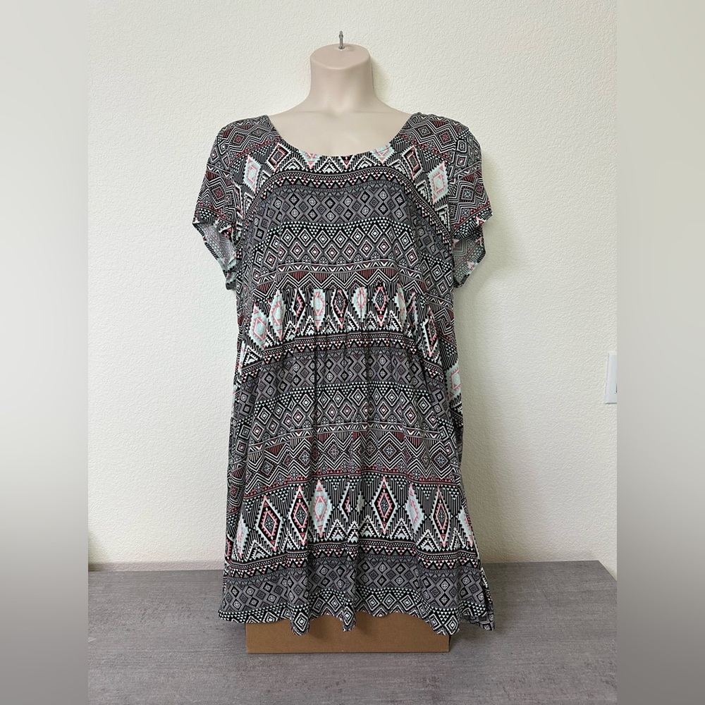 Women’s Plus Geometric Tribal Patterned Babydoll Black, White, Pink Dress 3X